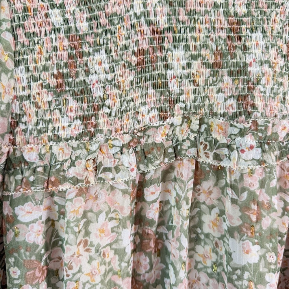 Karlie Floral Smocked Tiered Mini Dress Sage Green Cottagecore Boho Size L $119 - Picture 4 of 9